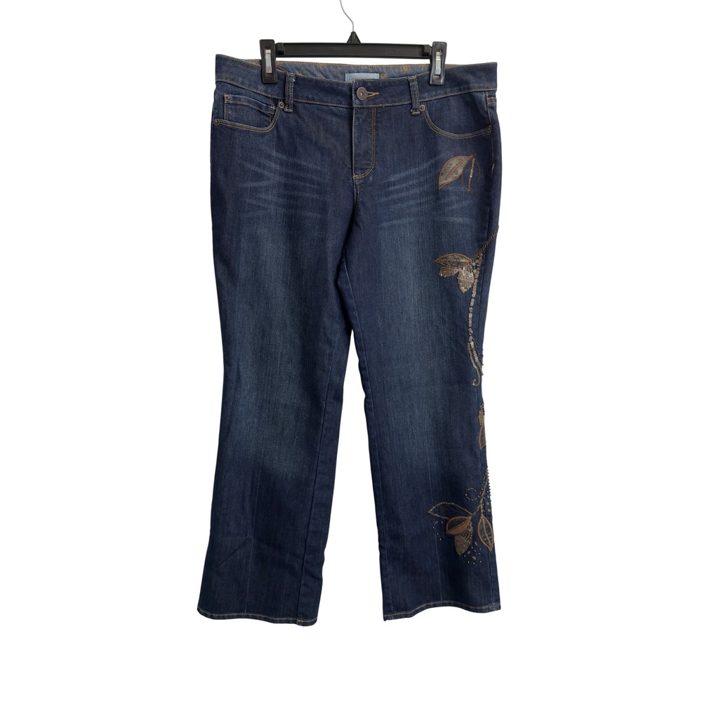 Coldwater Creek Women's 14P Sequin Bead Leaf Embroidered Straight Leg Jeans